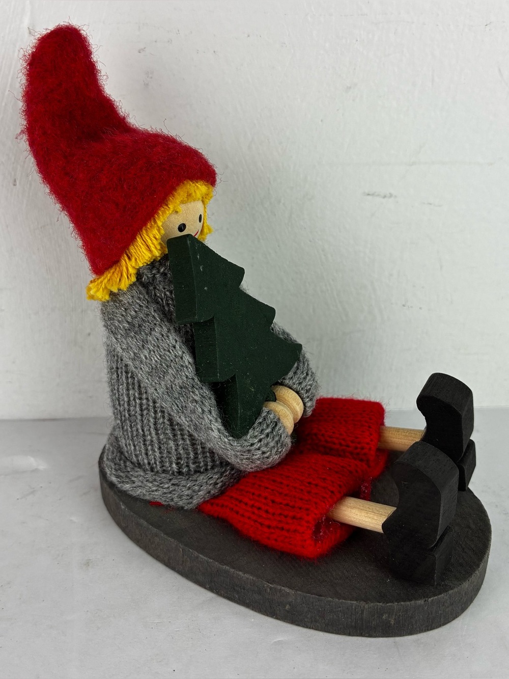 Larssons Tra Vintage Swedish Wooden Child on Sled Figure Knit Outfit